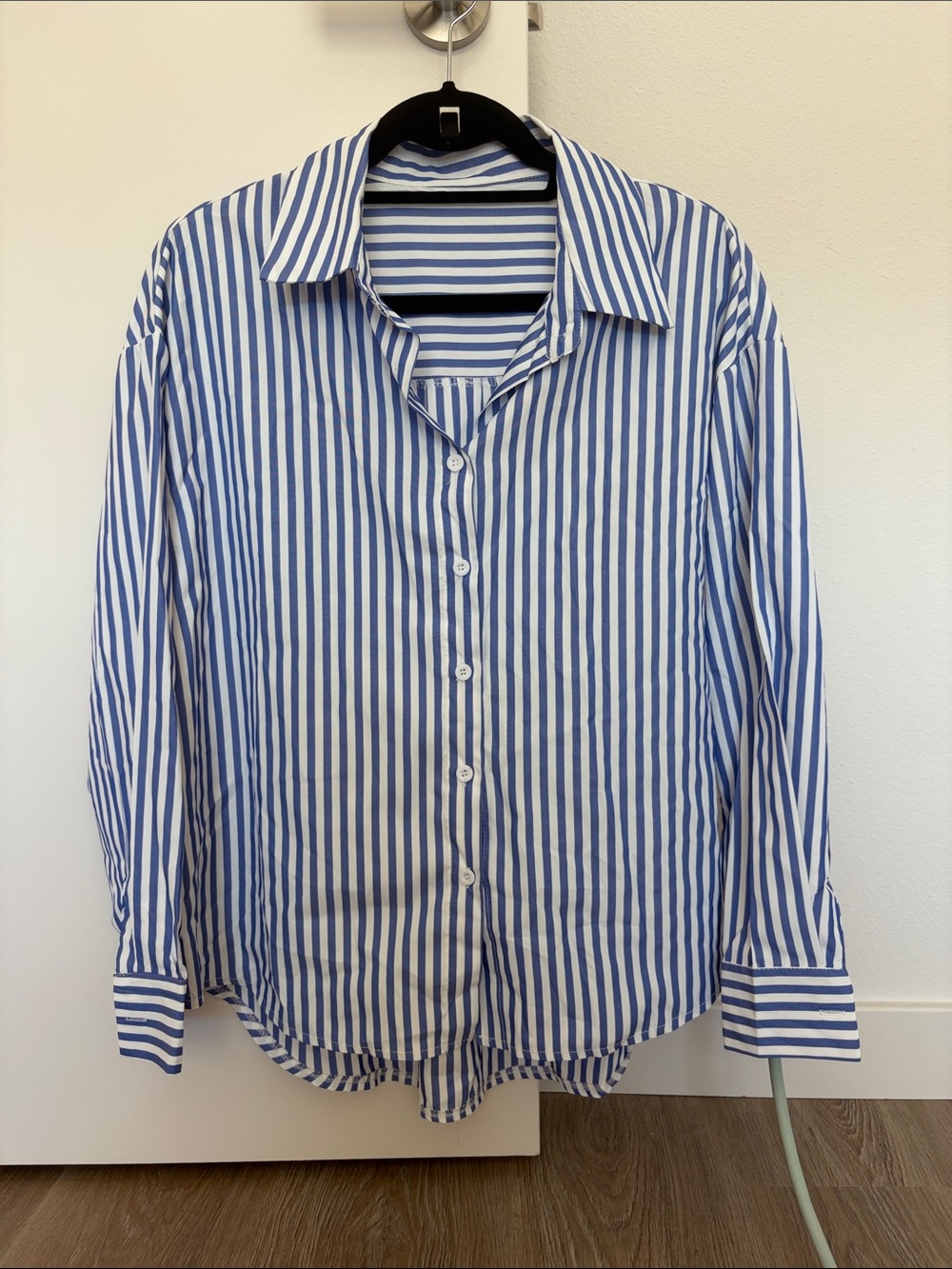 Blue and White Striped Women’s Button-Up Shirt Oversized